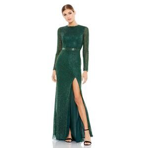 MAC DUGGAL 5056 Beaded High Neck Long Sleeve Gown With Detailed Belt 6 NEW